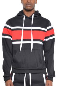 SOLID WITH THREE STRIPE PULLOVER HOODIE (Color: BLACK RED, size: S)