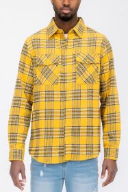 LONG SLEEVE FLANNEL FULL PLAID CHECKERED SHIRT (Color: YELLOW SKY, size: M)